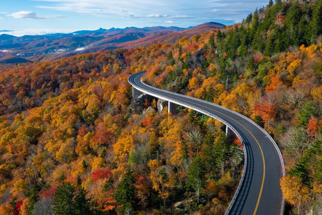 blue ridge parkway road in north carolina during fall colored trees blue Ridge Parkway Motorcycle Guide | 469-Mile Route