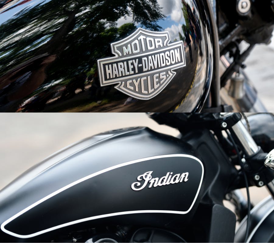 image credit (indian motorcycle): Tricky Shark - stock.adobe.com, image credit (harley-davidson motorcycle): wolterke - stock.adobe.com - image of harley vs indian motorcycle side by side