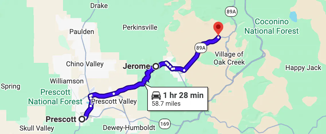 google map image of scenic motorcycle rides in Arizona - Jerome to Sedona via Highway 89A