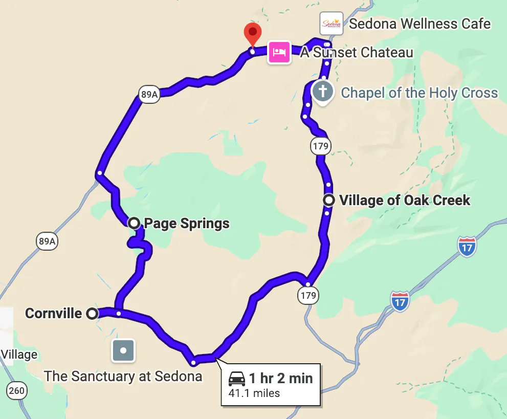 google map image of scenic motorcycle rides in Arizona - Sedona Red Rock Loop