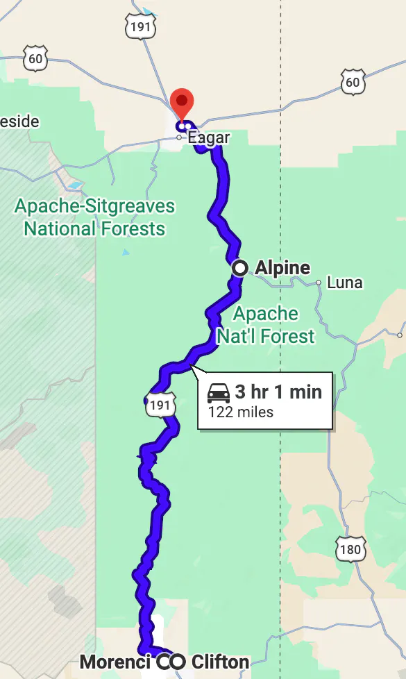 google map image of scenic motorcycle rides in Arizona - Coronado Trail (US 191)