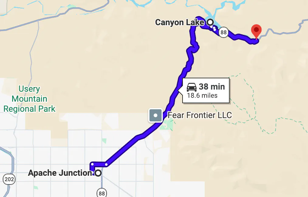 google map image of scenic motorcycle rides in Arizona - Apache Trail (SR 88)