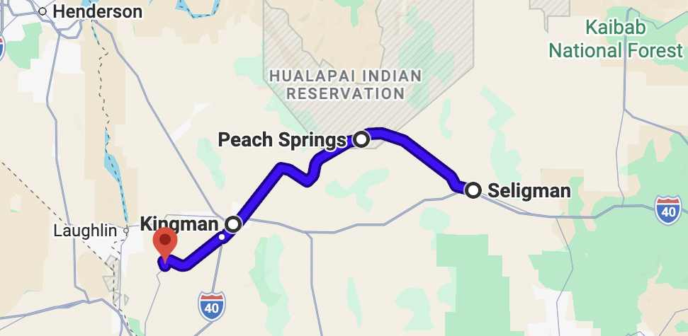 imagen de Google Map con rutas panorámicas en motocicleta por Arizona - la histórica Ruta 66, desde Seligman hasta Oatman