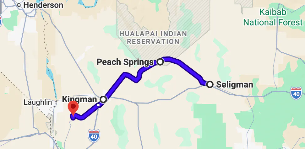 google map image of scenic motorcycle rides in Arizona - Historic Route 66, Seligman to Oatman