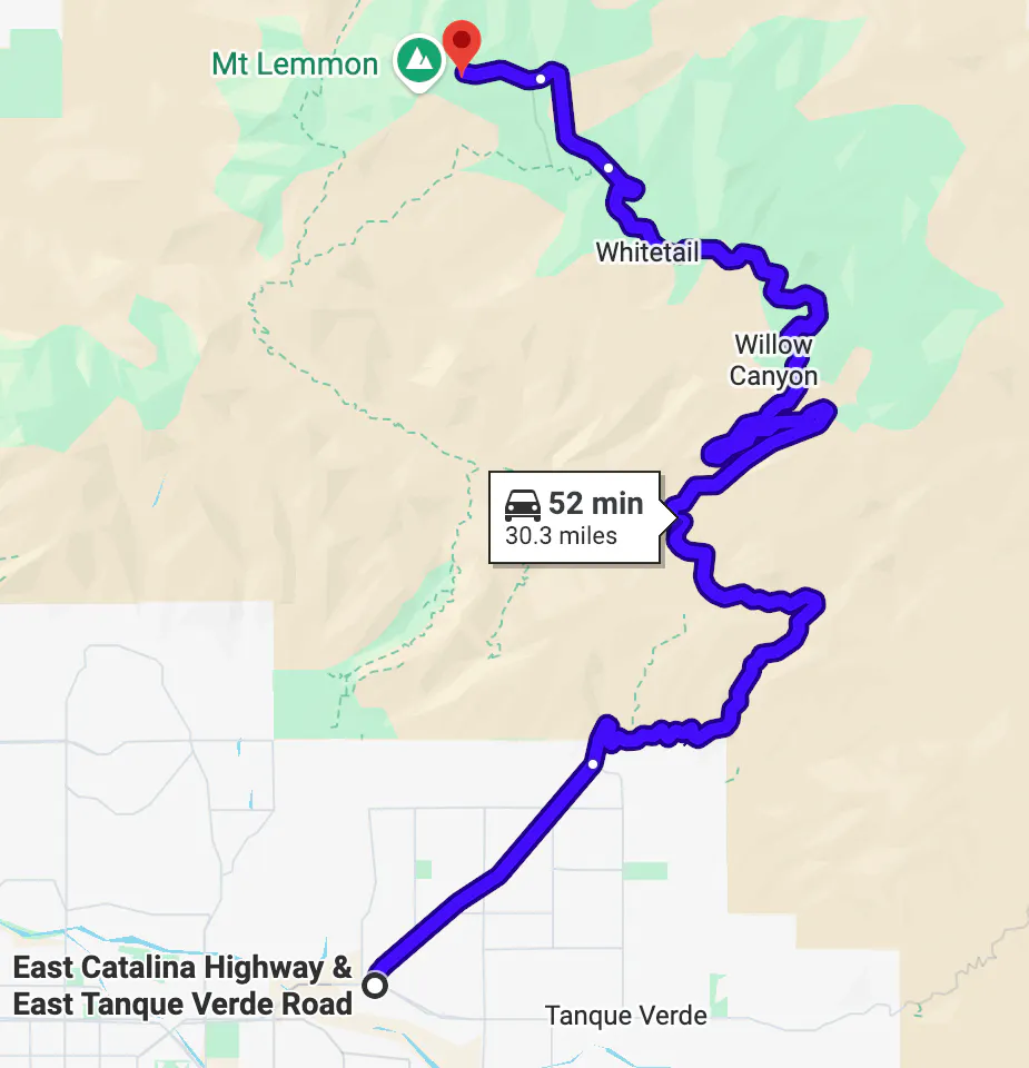 google map image of scenic motorcycle rides in Arizona - Catalina Highway to Mt. Lemmon