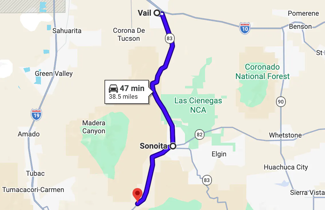 google map image of scenic motorcycle rides in Arizona - Patagonia-Sonoita Scenic Road