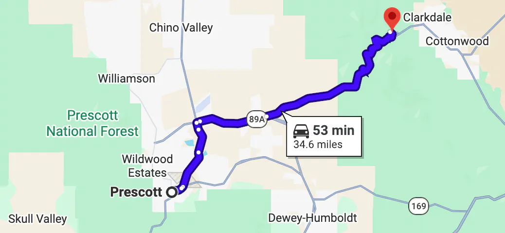 google map image of scenic motorcycle rides in Arizona - Prescott to Jerome via Mingus Mountain
