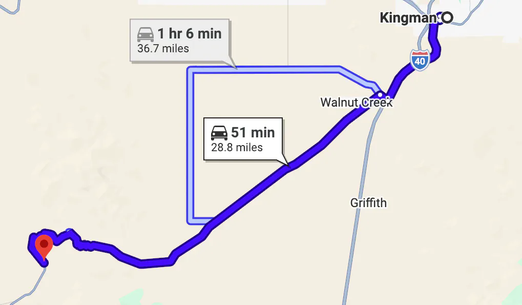 google map image of scenic motorcycle rides in Arizona - Oatman Highway (Route 66, Kingman to Oatman)
