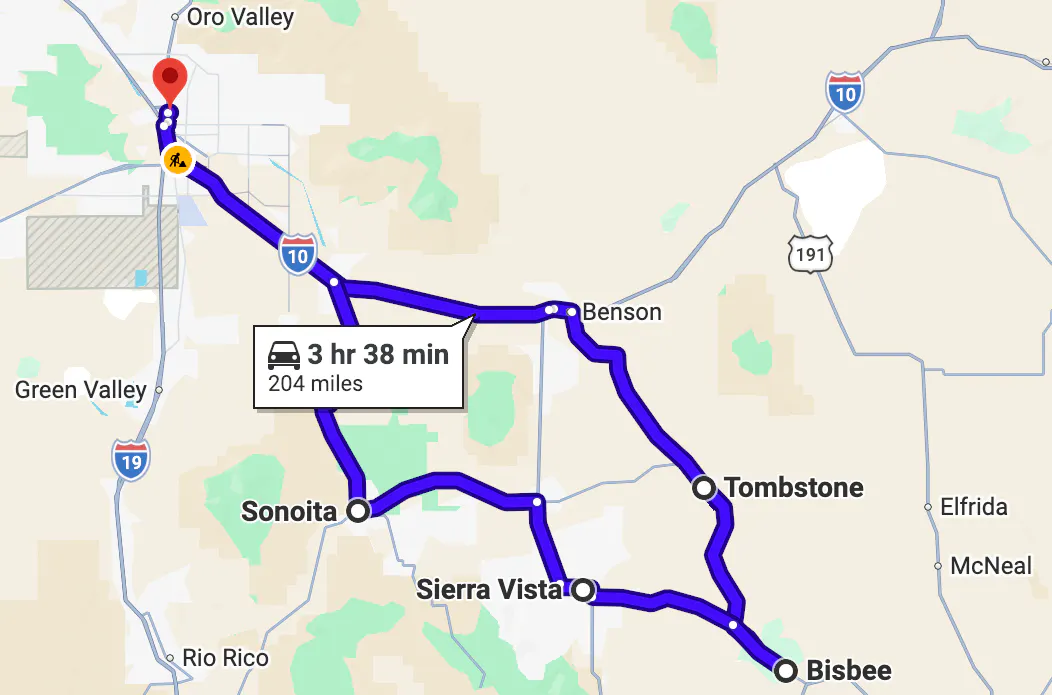 google map image of scenic motorcycle rides in Arizona - Tucson to Tombstone and Bisbee Loop