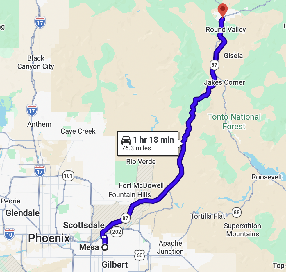 imagen de Google Maps de paseos escénicos en motocicleta por Arizona - Autopista Beeline a Payson (SR 87)