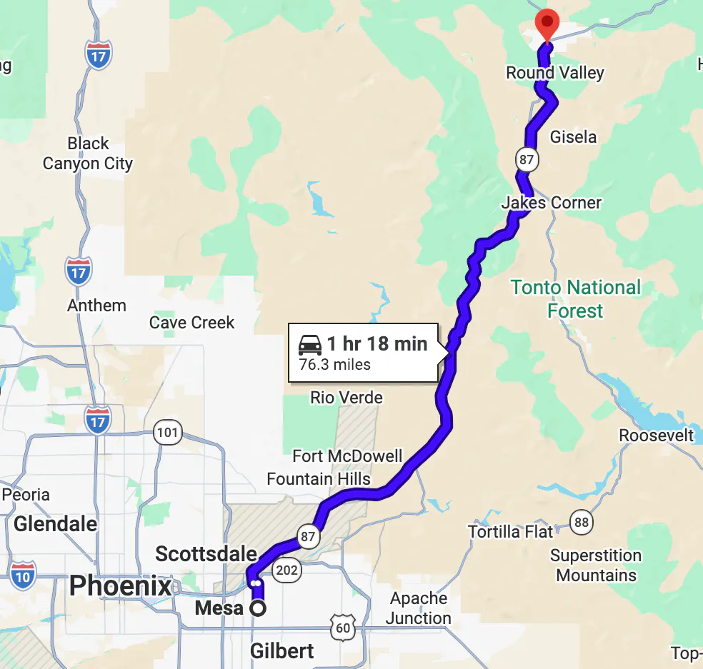 google map image of scenic motorcycle rides in Arizona - Beeline Highway to Payson (SR 87)