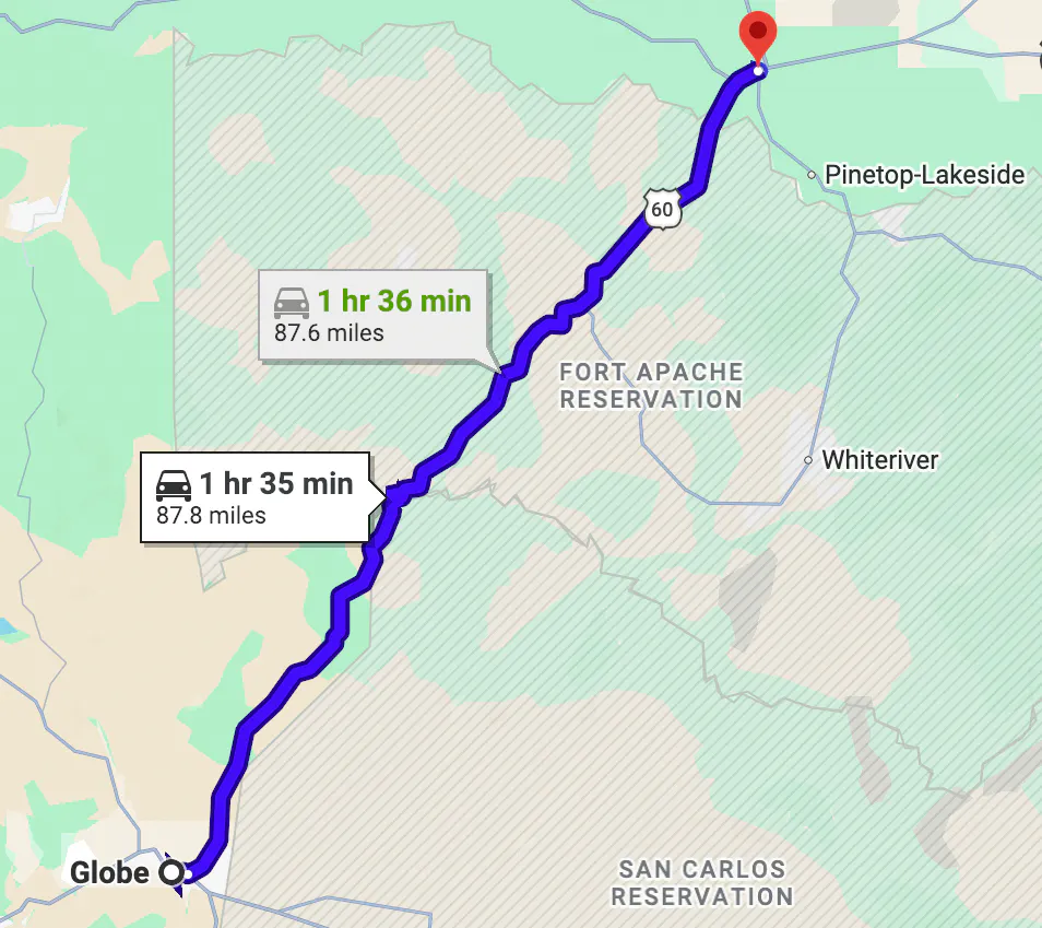 google map image of scenic motorcycle rides in Arizona - Salt River Canyon (US 60)