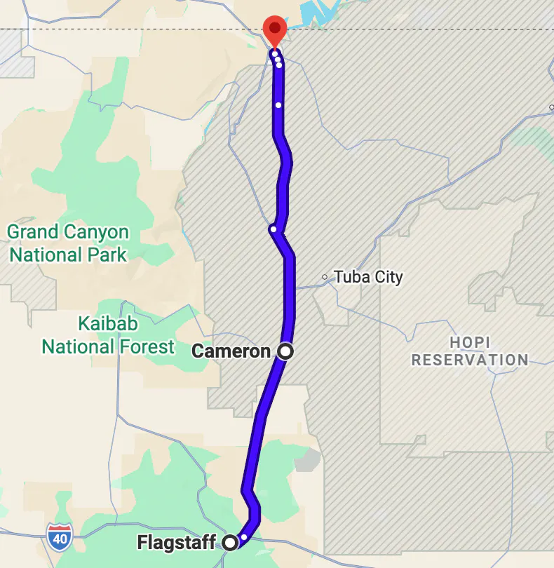 google map image of scenic motorcycle rides in Arizona - Flagstaff to Page via US 89 (Painted Desert and Lake Powell)