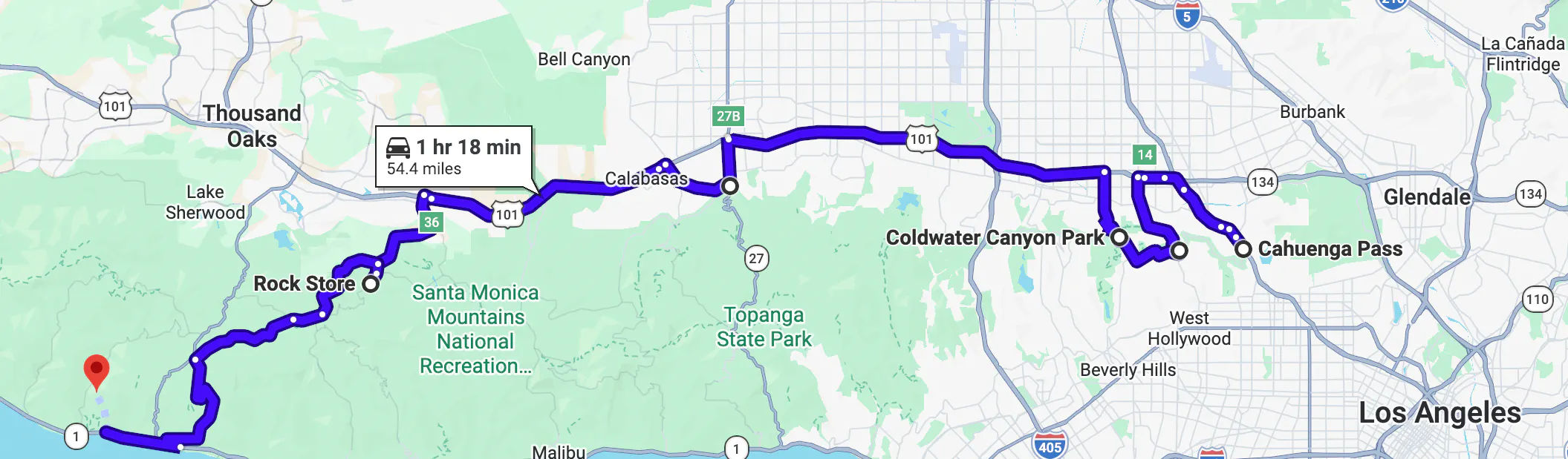 imagen de Google Maps del paseo en motocicleta por Mulholland Drive
