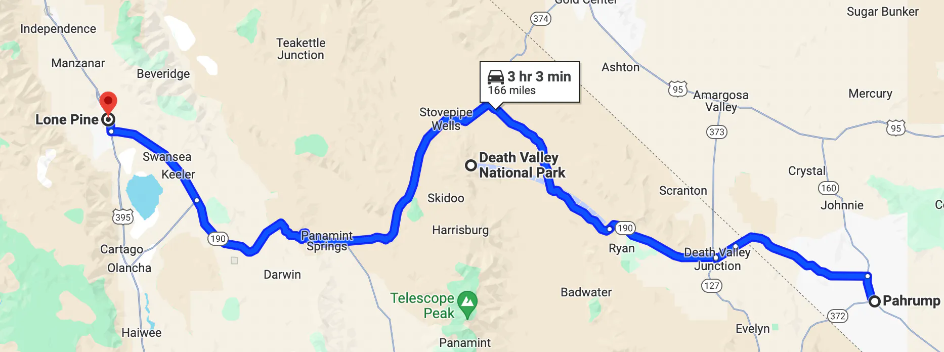 melhores passeios de motocicleta em Las Vegas - mapa da rota Death Valley Run