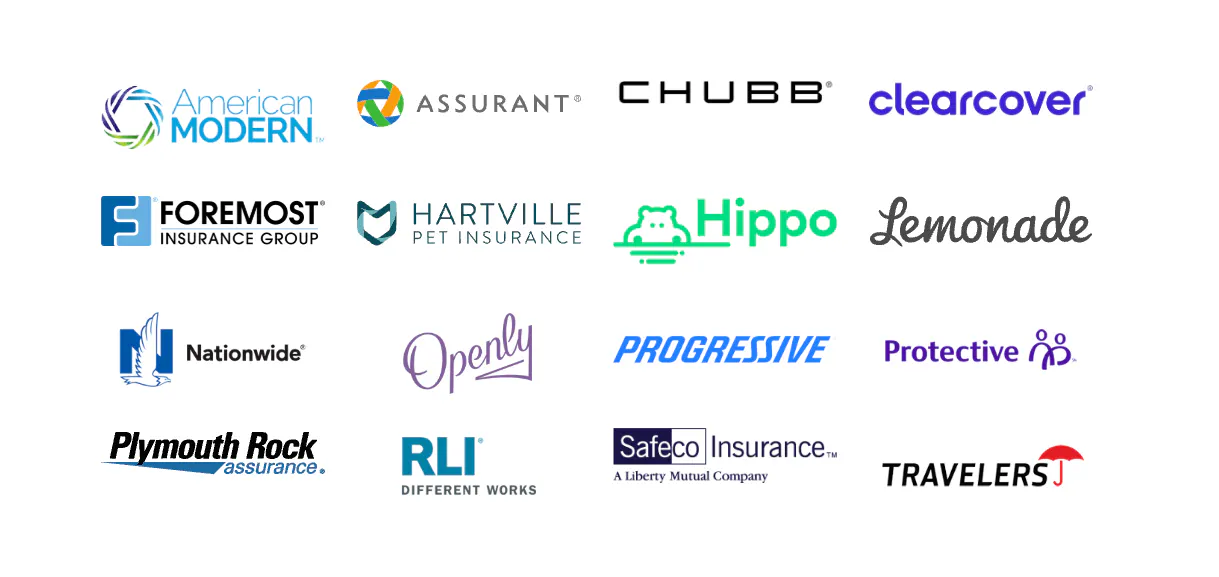Insurance brands including American Modern, Assurant, Chubb, Clearcover, Foremost, Hartville, Hippo, Lemonade, Nationwide, Openly, Progressive, Protective, Plymouth Rock, RLI, Safeco, and Travelers