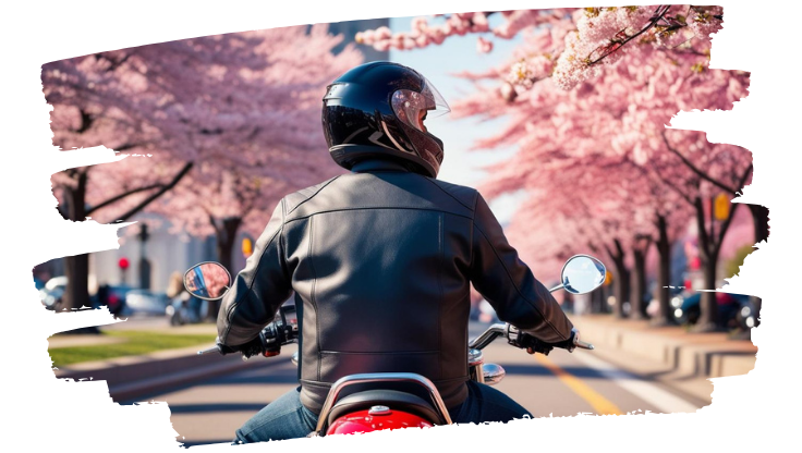 image of rider on a motorcycle (cherry blossoms backdrop) - compare washington dc motorcycle insurance quotes on Riders Share
