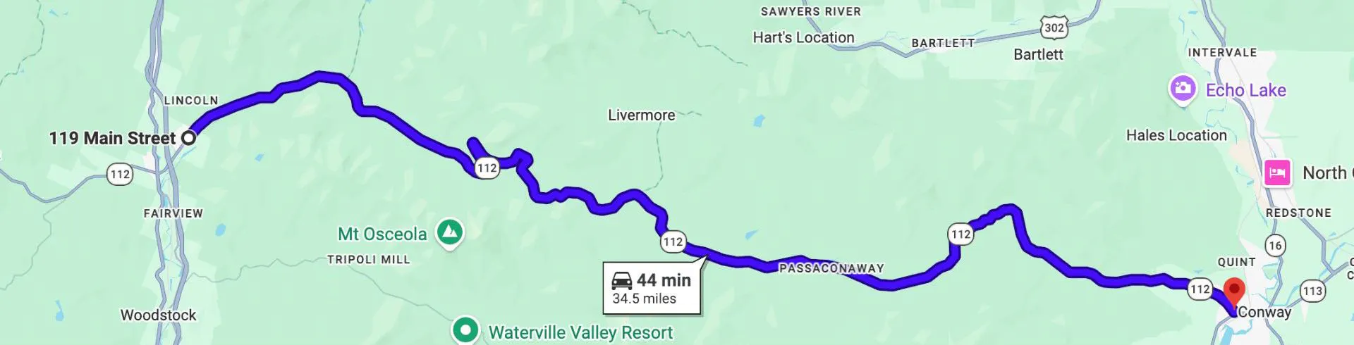 Kancamagus Highway motorcycle ride map showing the 34.5 mile route between Lincoln and Conway, NH