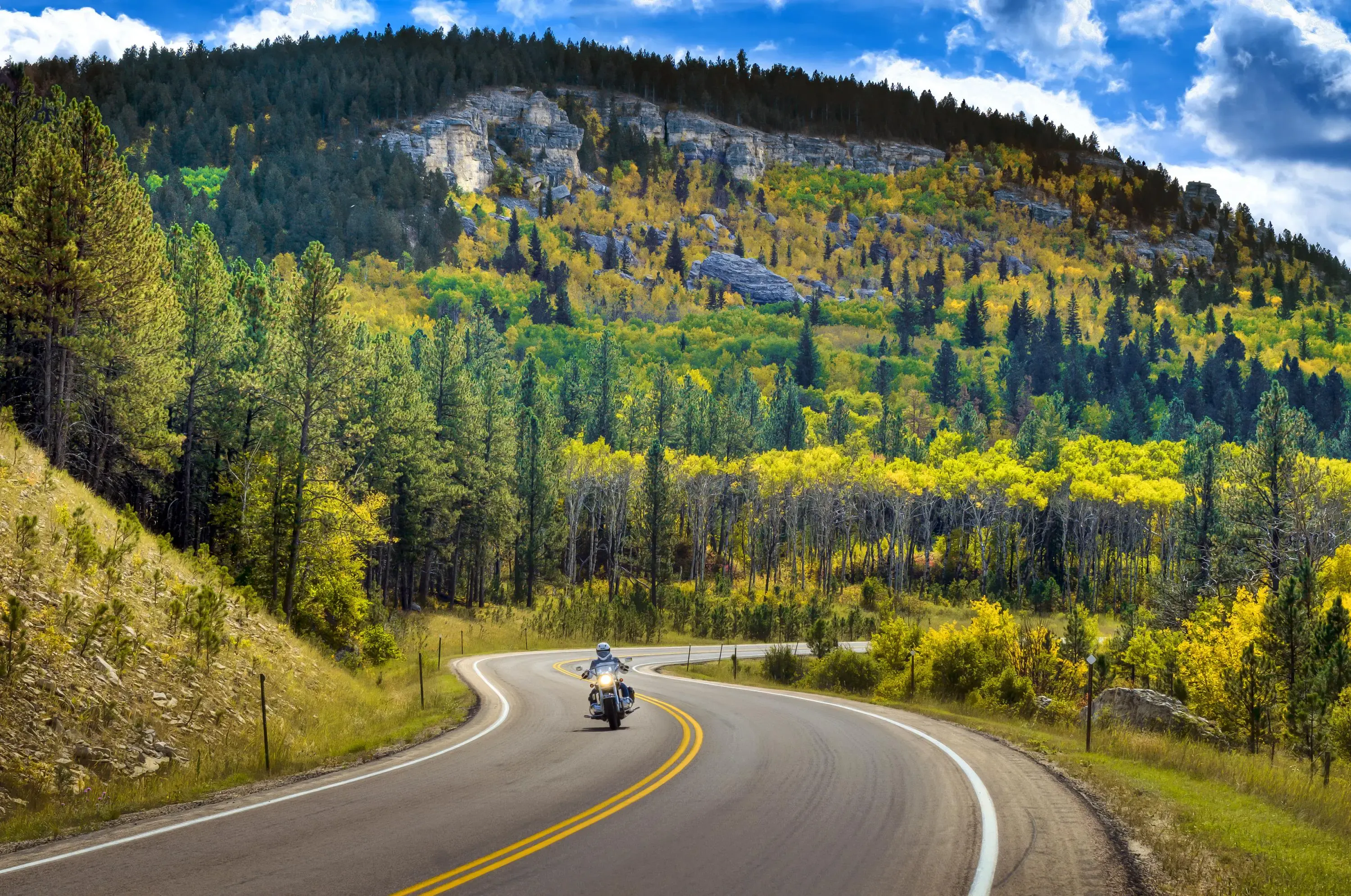 Vanocker Canyon Road winding through the northern Black Hills near Sturgis, South Dakota