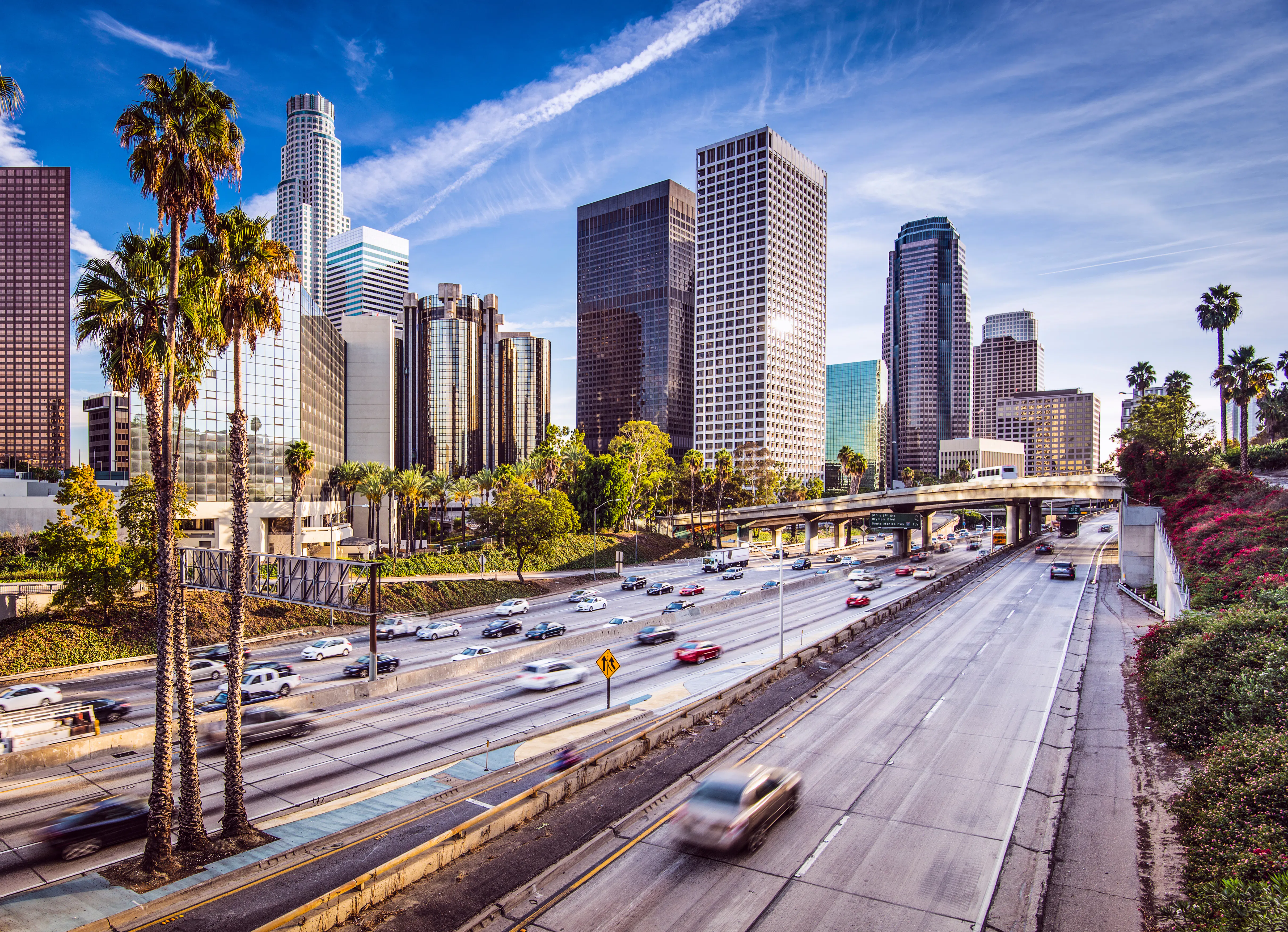 Aerial view of Los Angeles freeway traffic during rush hour