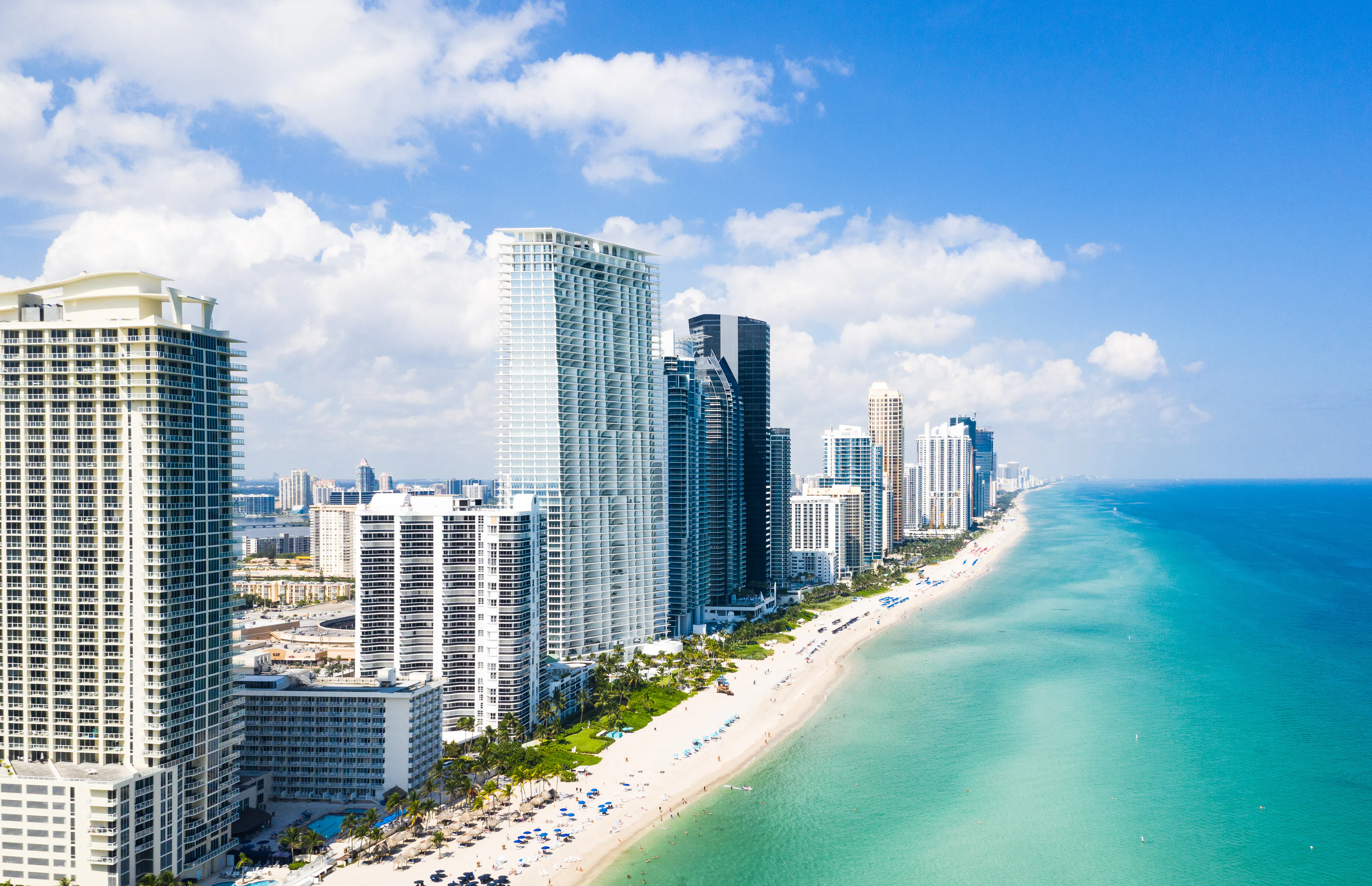 Aerial view of South Beach with Art Deco hotels along Ocean Drive in Miami