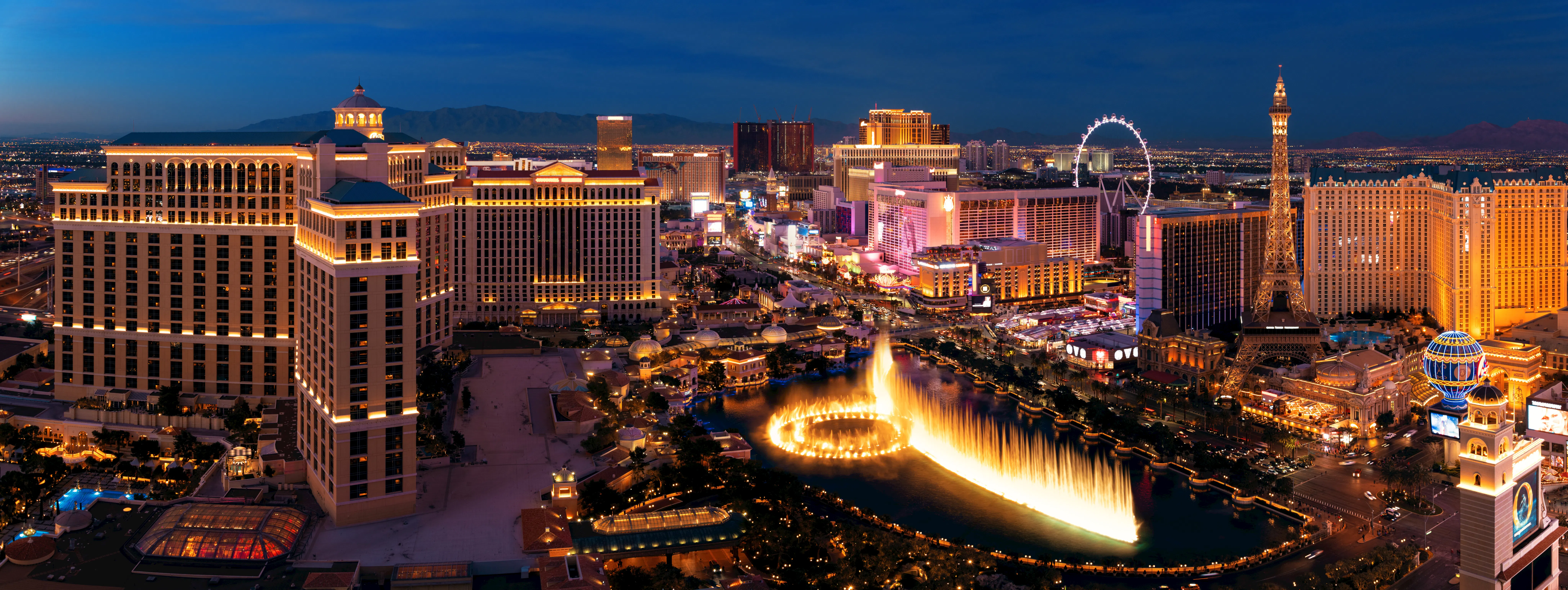 Las Vegas Strip skyline at night with iconic hotels and lights