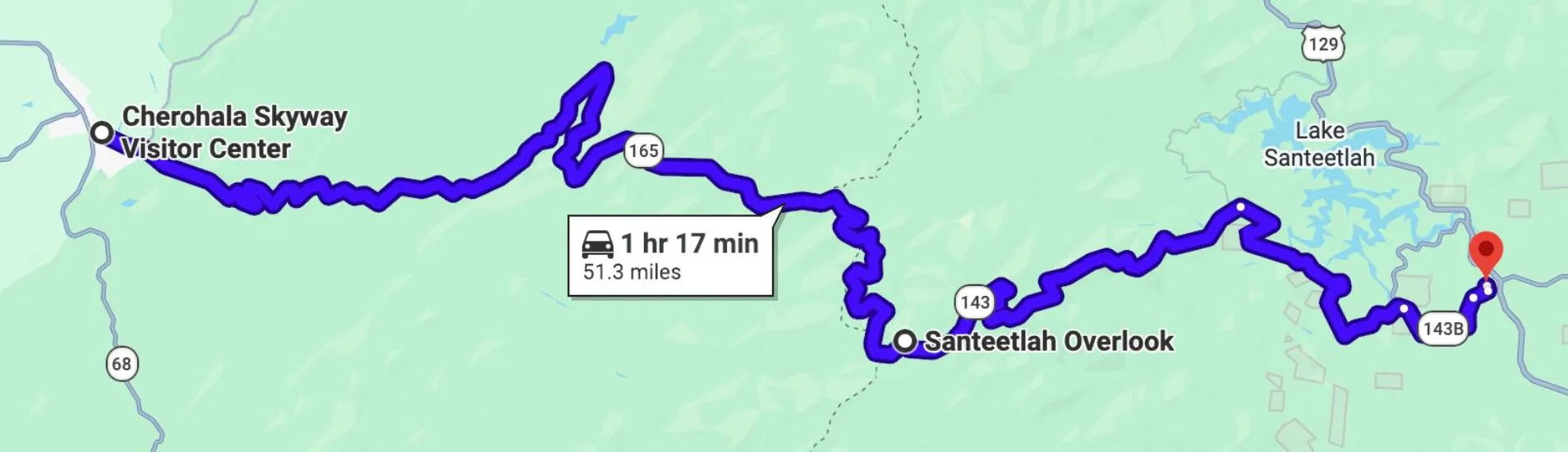 Map of the Cherohala Skyway route from Tellico Plains, Tennessee to Robbinsville, North Carolina along TN-165 and NC-143