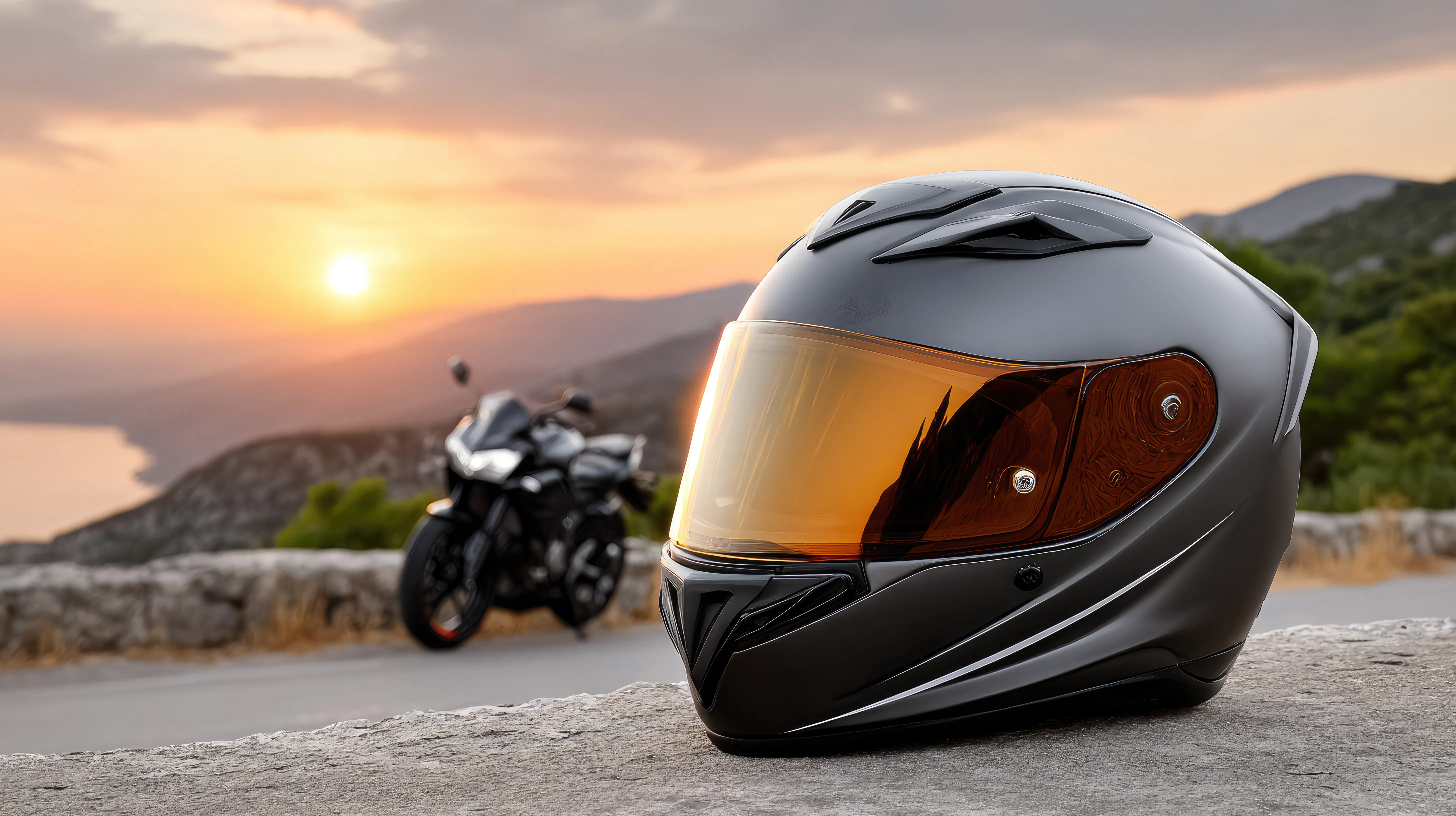 Touring motorcycle parked along the Cherohala Skyway with mountain ridges in the background