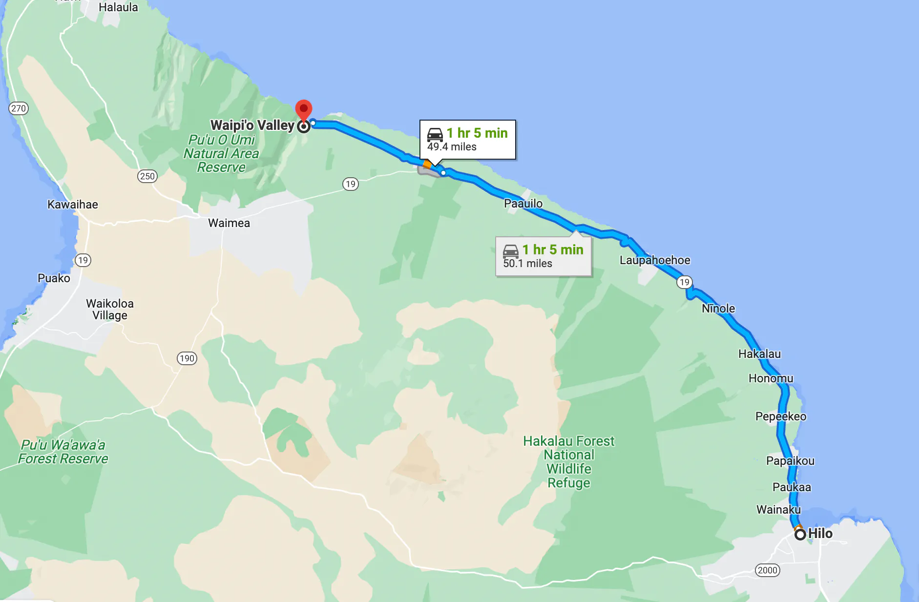 rutas en motocicleta Hawái, Costa Hamakua