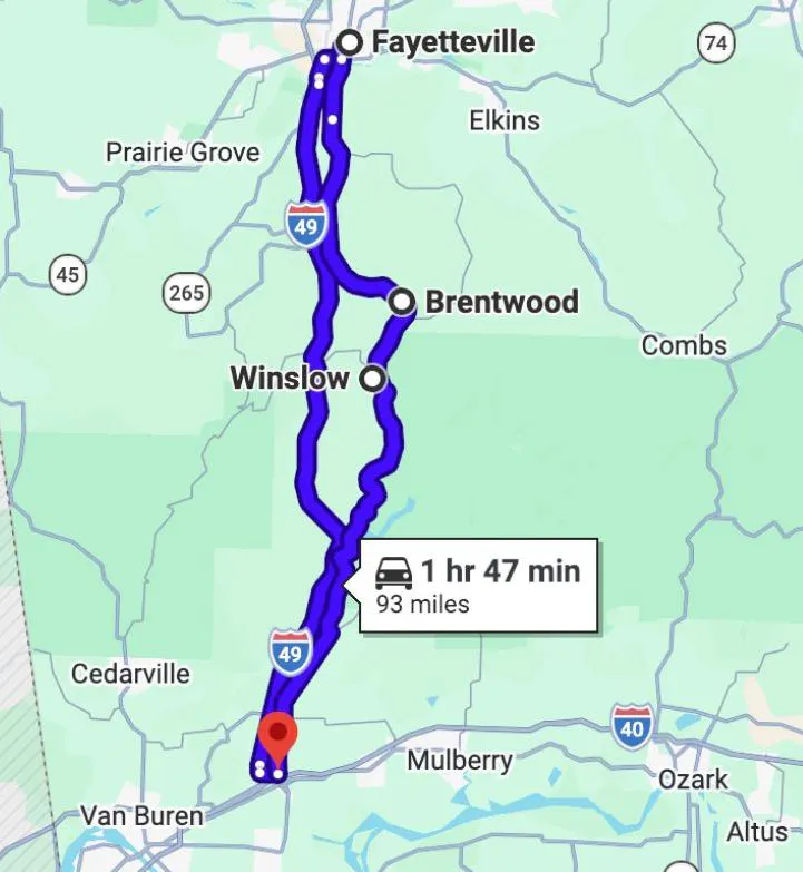 Route map of the Boston Mountains Scenic Loop on Old US-71 between Alma and Fayetteville, passing through Winslow and Brentwood