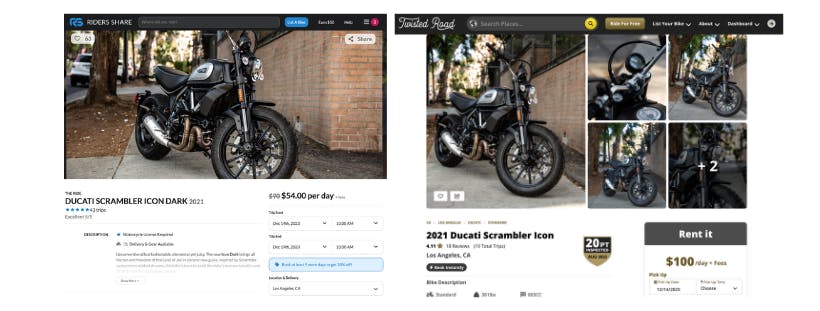 Screenshot comparison of pricing for a Ducati motorcycle on Riders Share and Twisted Road