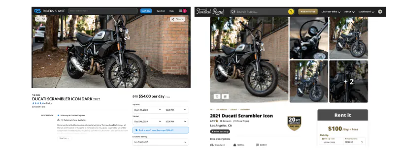 Comparação de captura de tela de preços para uma motocicleta Ducati na Riders Share e na Twisted Road