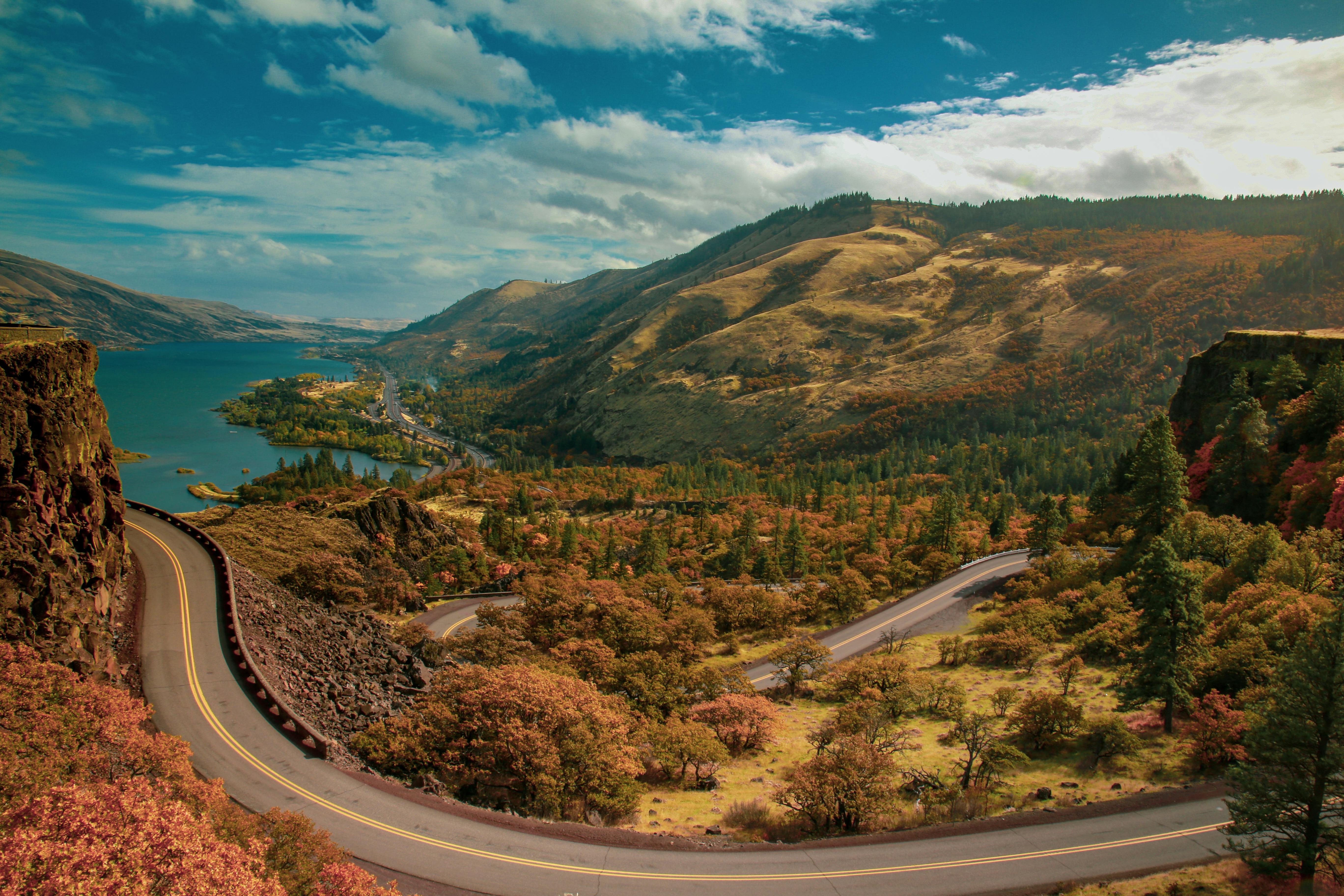 Riding on a beautiful well maintained scenic route on the historic Rowena Crest Road by Columbia Gorge Oregon