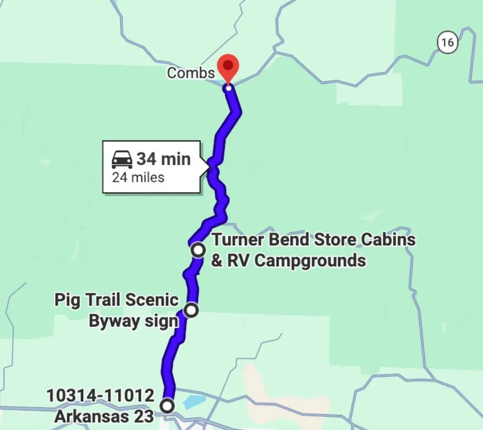 Route map of the Pig Trail Scenic Byway on AR-23 between Ozark and Brashears through the Ozark National Forest