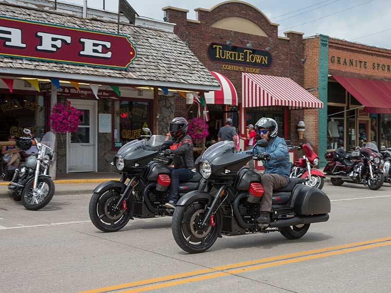 Moto Guzzi cruiser motorcycles ridden near Sturgis, South Dakota.