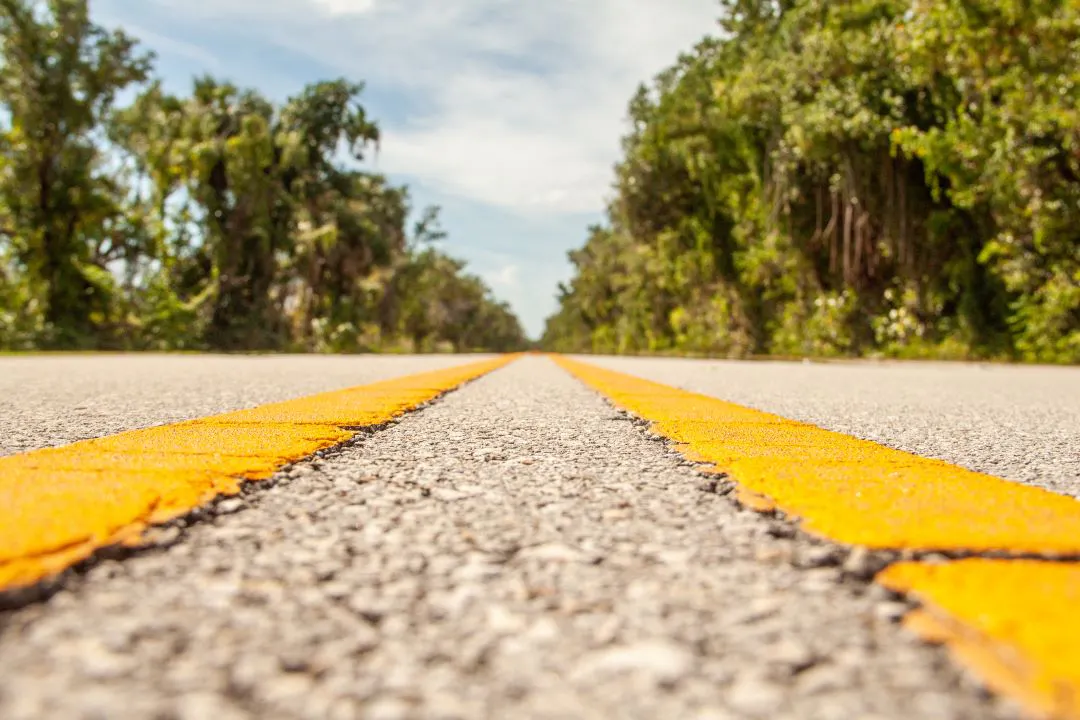 pintura abstrata de uma rodovia passando pelas Everglades na Flórida, vista ao nível do solo durante um passeio de motocicleta pelas Everglades