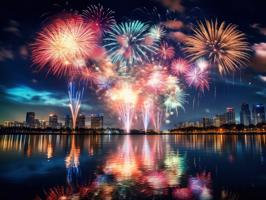 Foto de fuegos artificiales sobre el agua en Miami durante festivales y eventos de julio