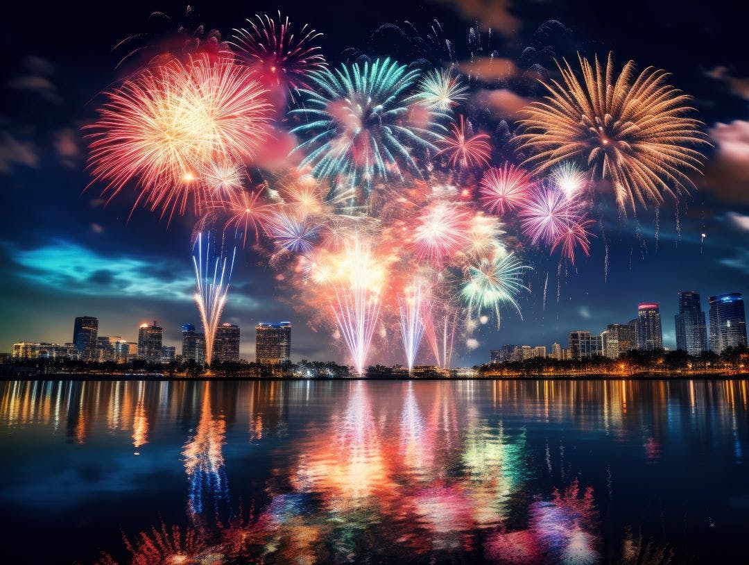 Picture of fireworks over the water of Miami events festivals July in Miami