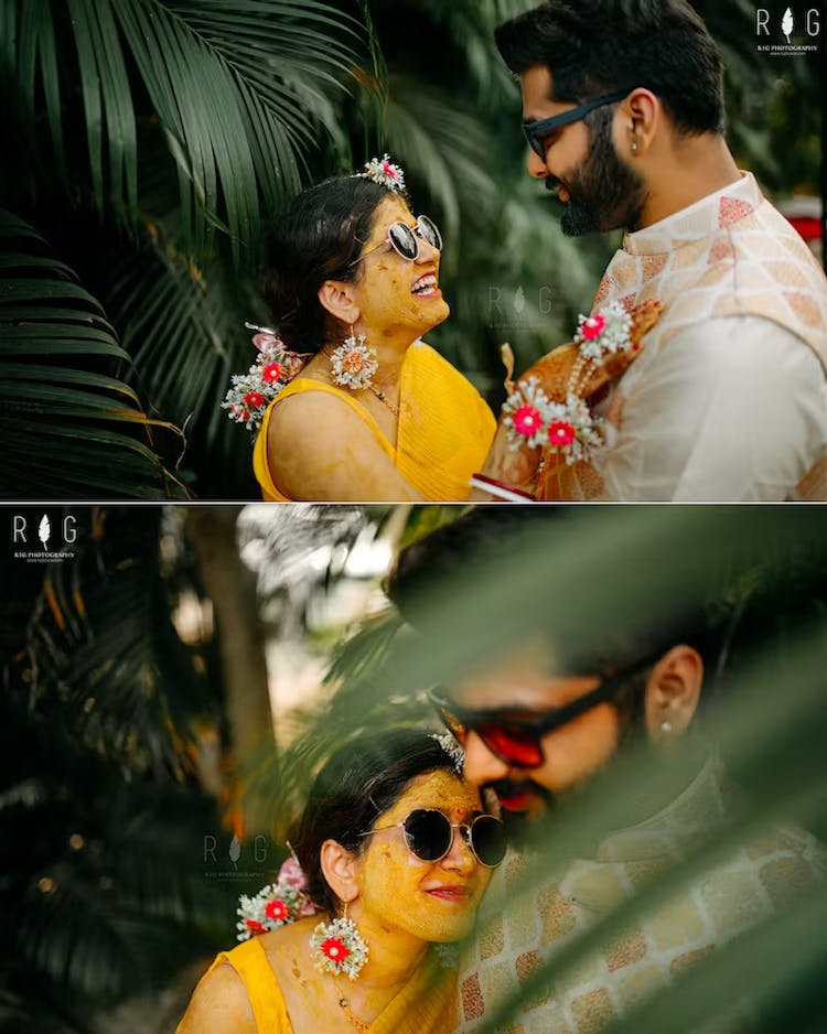 Pic of bride and groom in their haldi ceremony