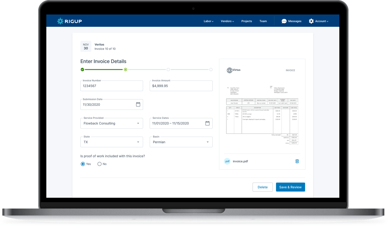 Laptop showing digital invoicing on the RigUp platform.