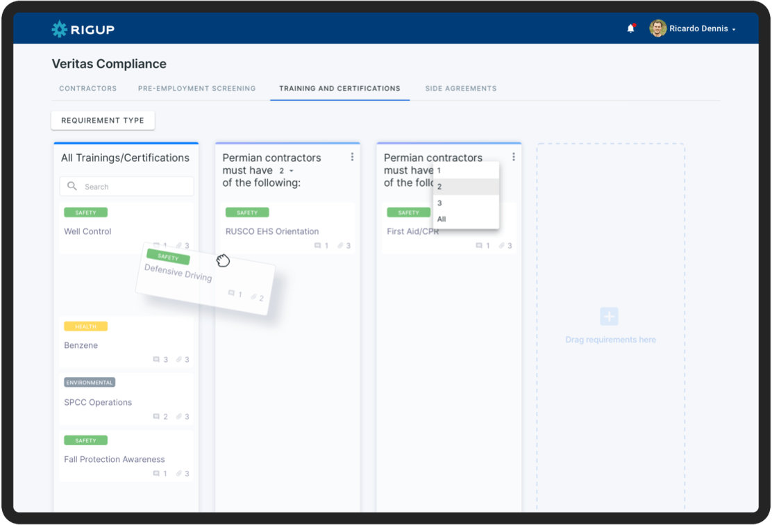 Tablet showing vendor compliance management in the RigUp app.