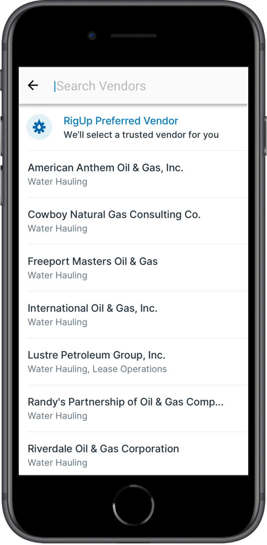 Mobile device searching for vendors on the RigUp app.