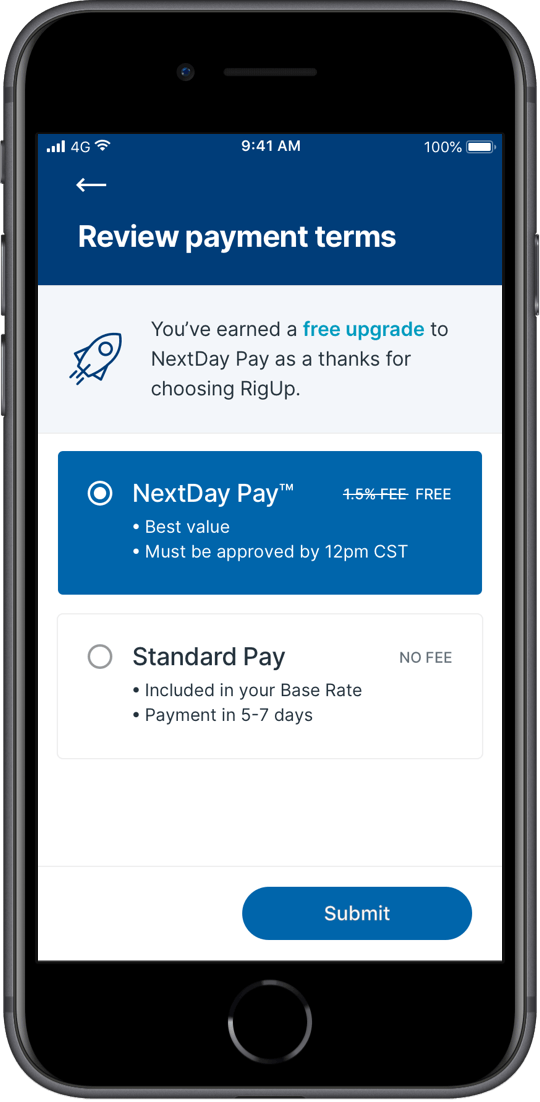Mobile phone showing job sheet submission in the RigUp app.