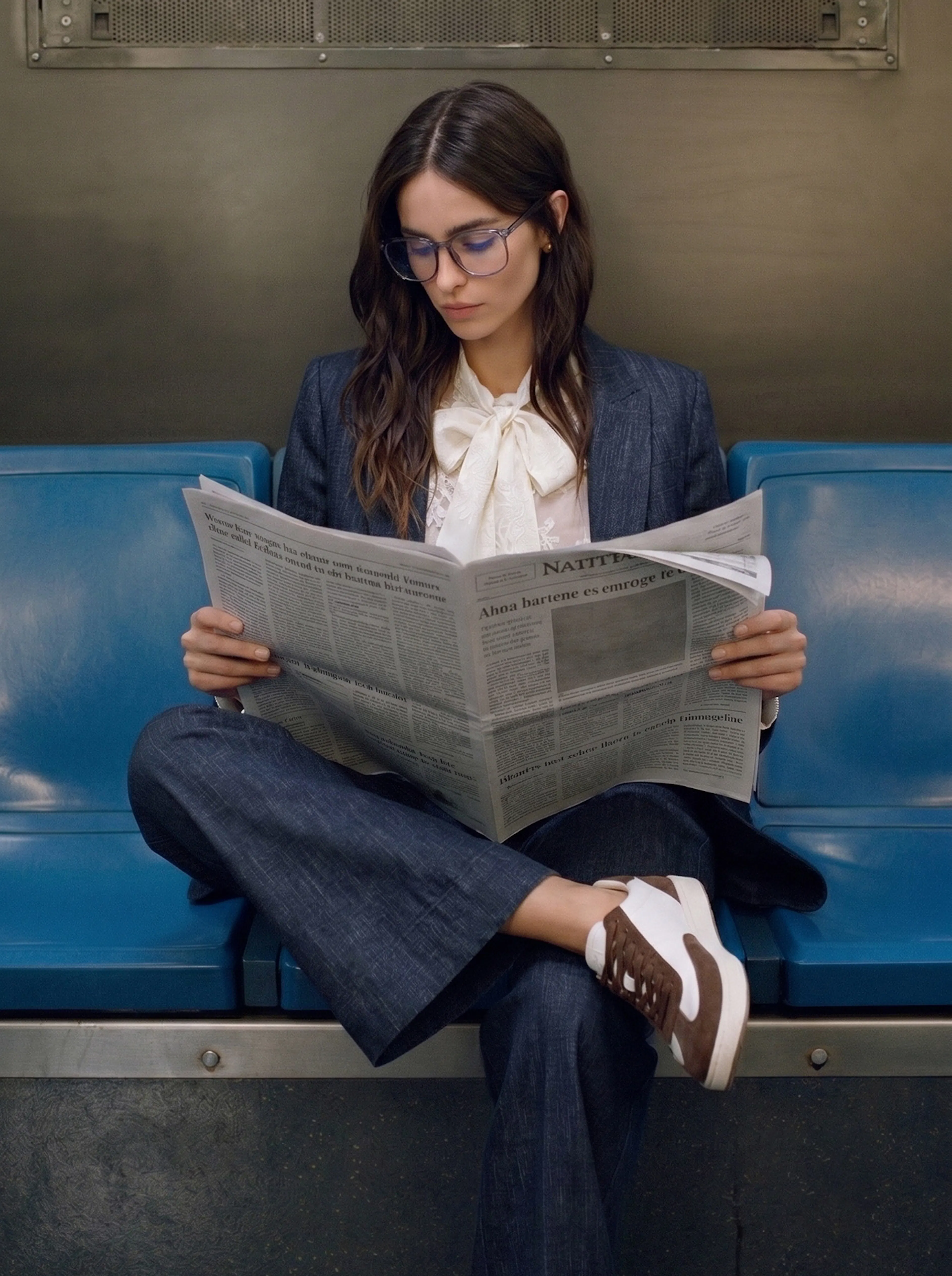 Young woman in glasses and a navy suit reads a newspaper while seated cross-legged on a blue subway bench, conveying a calm, focused mood.