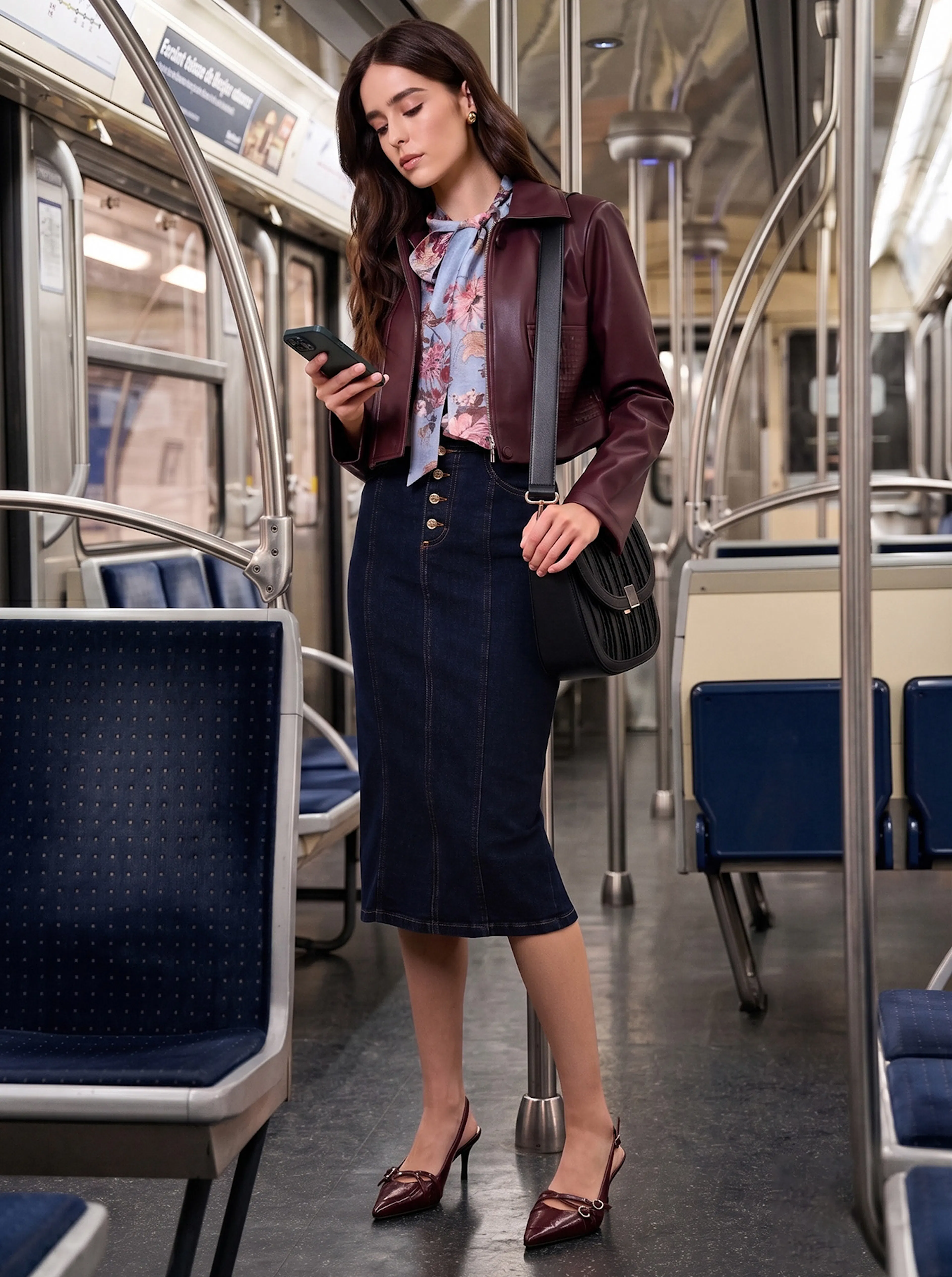 Stylish woman checks her smartphone aboard a subway, wearing a burgundy jacket, floral blouse, denim skirt, and heels; calm, modern mood.