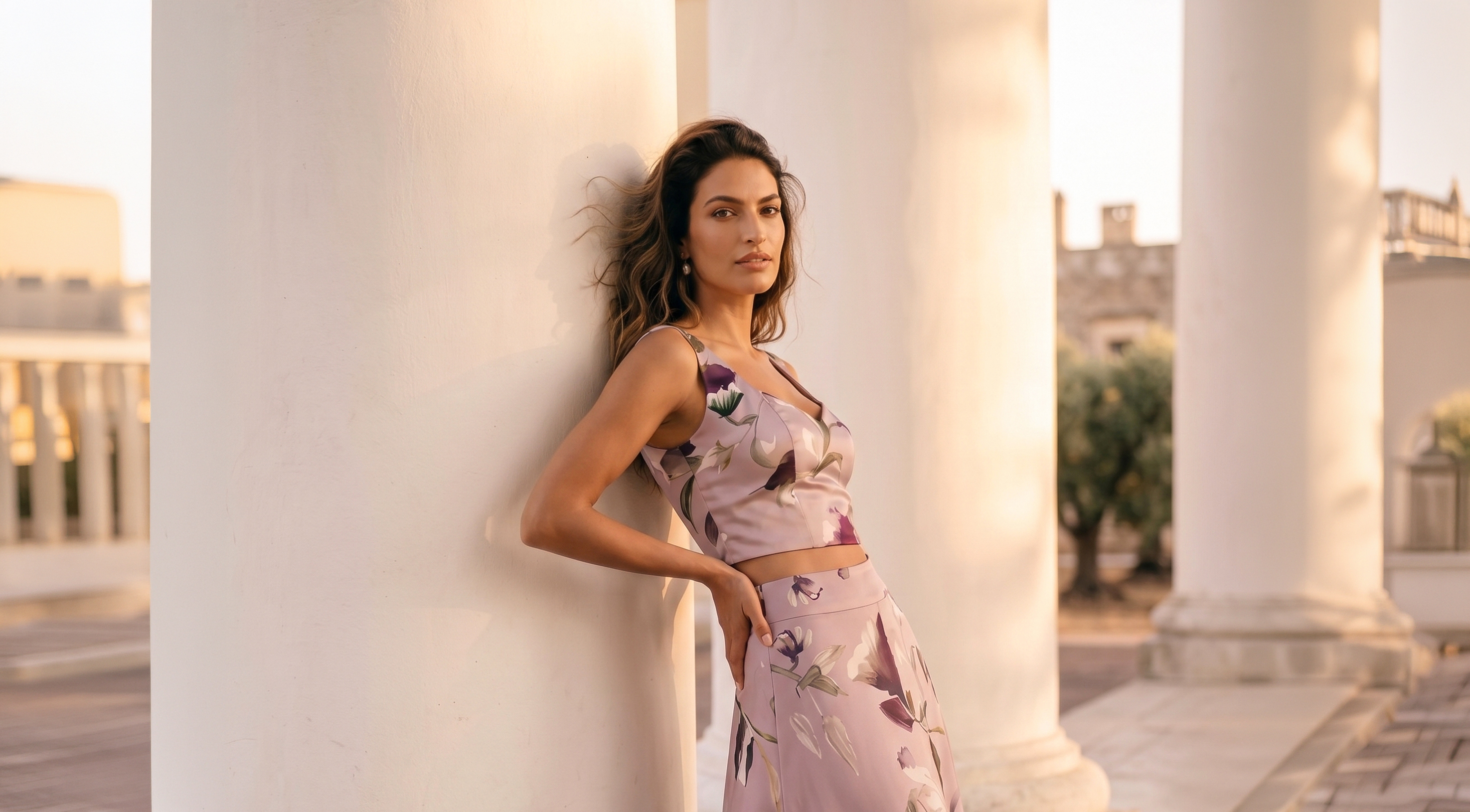 A woman in a floral purple outfit leans against a white column in a sunlit, classical setting. Her expression is calm and confident.