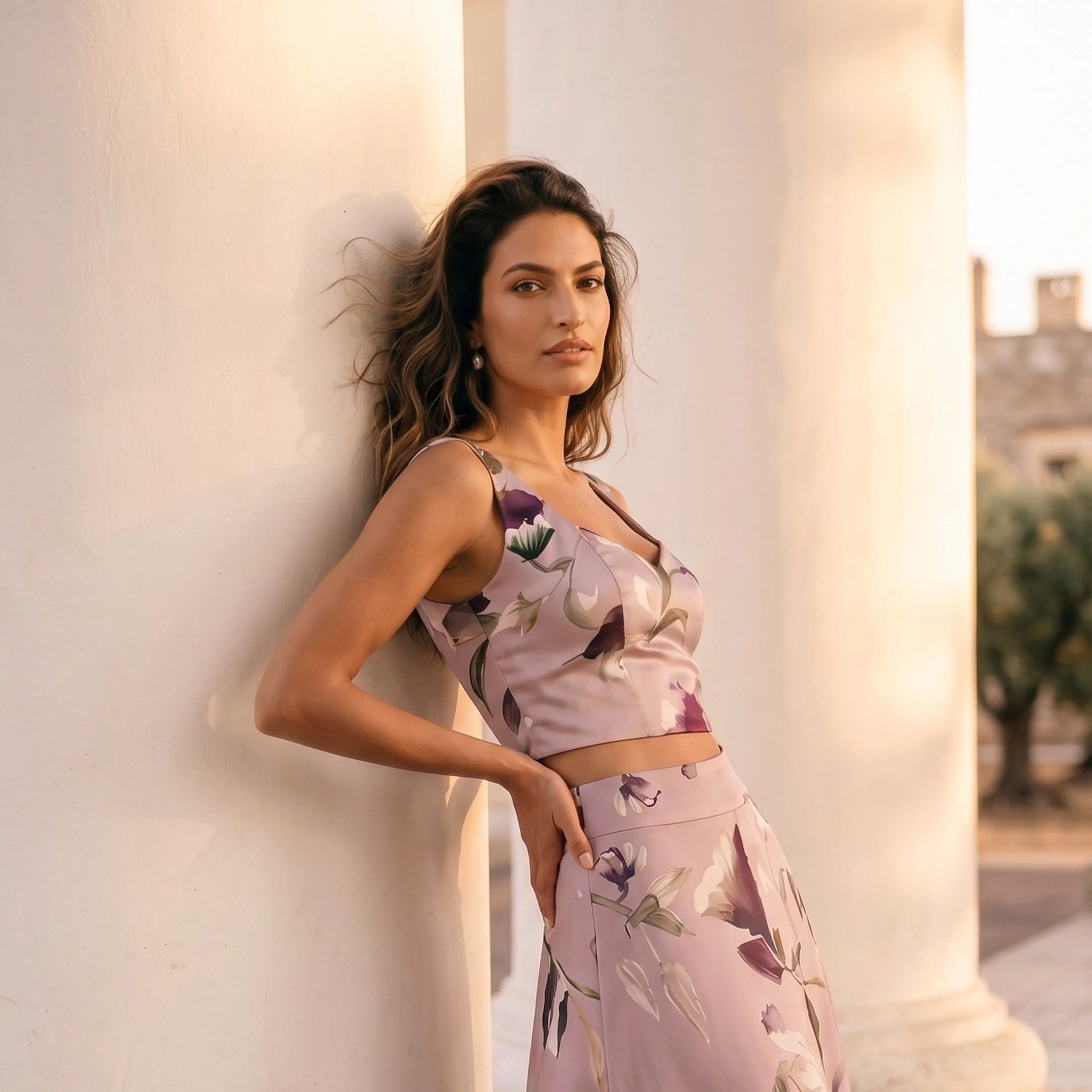 A woman in a floral purple outfit leans against a white column in a sunlit, classical setting. Her expression is calm and confident.