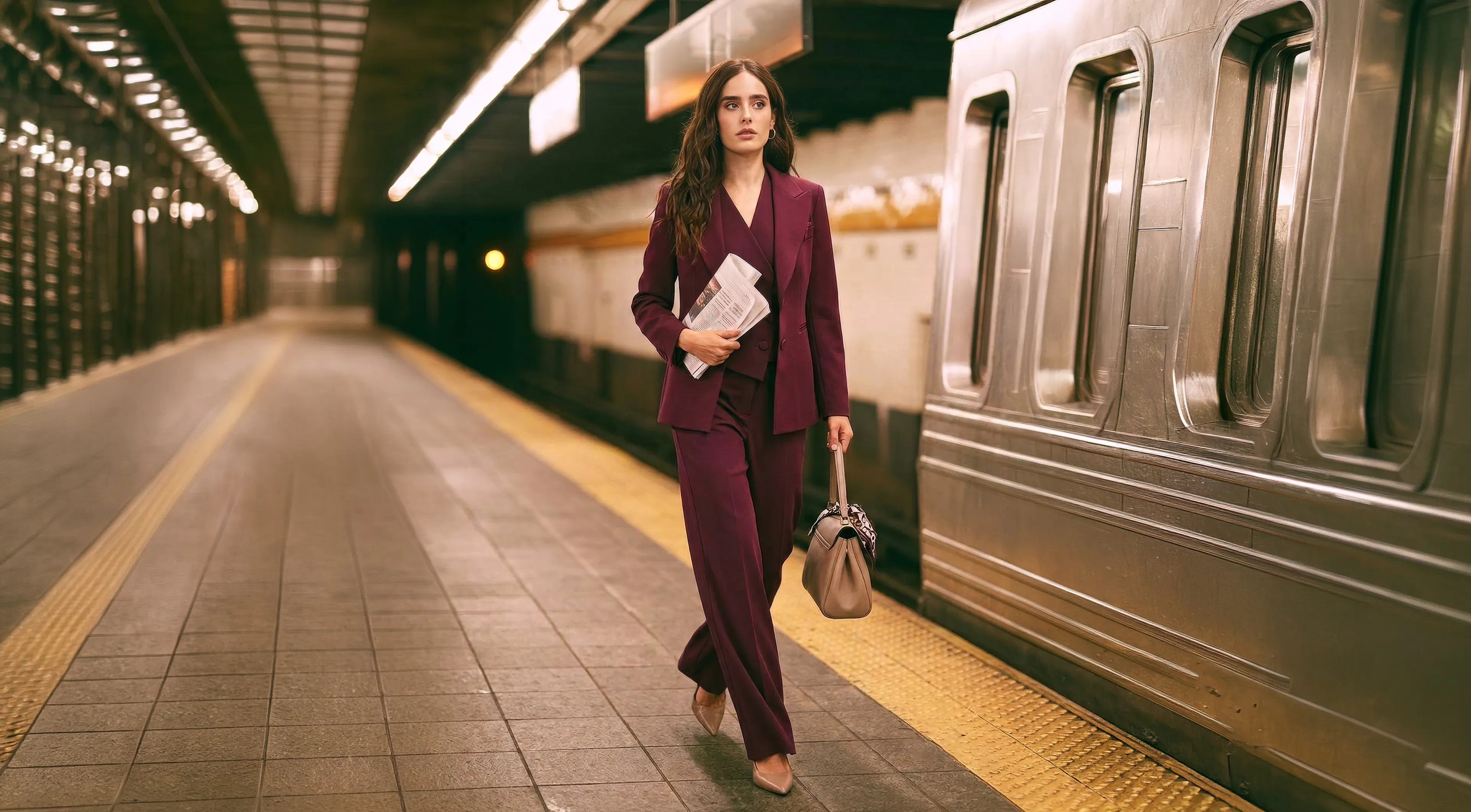 Woman in a burgundy pantsuit walks confidently along a subway platform, carrying a newspaper and handbag beside a silver train.