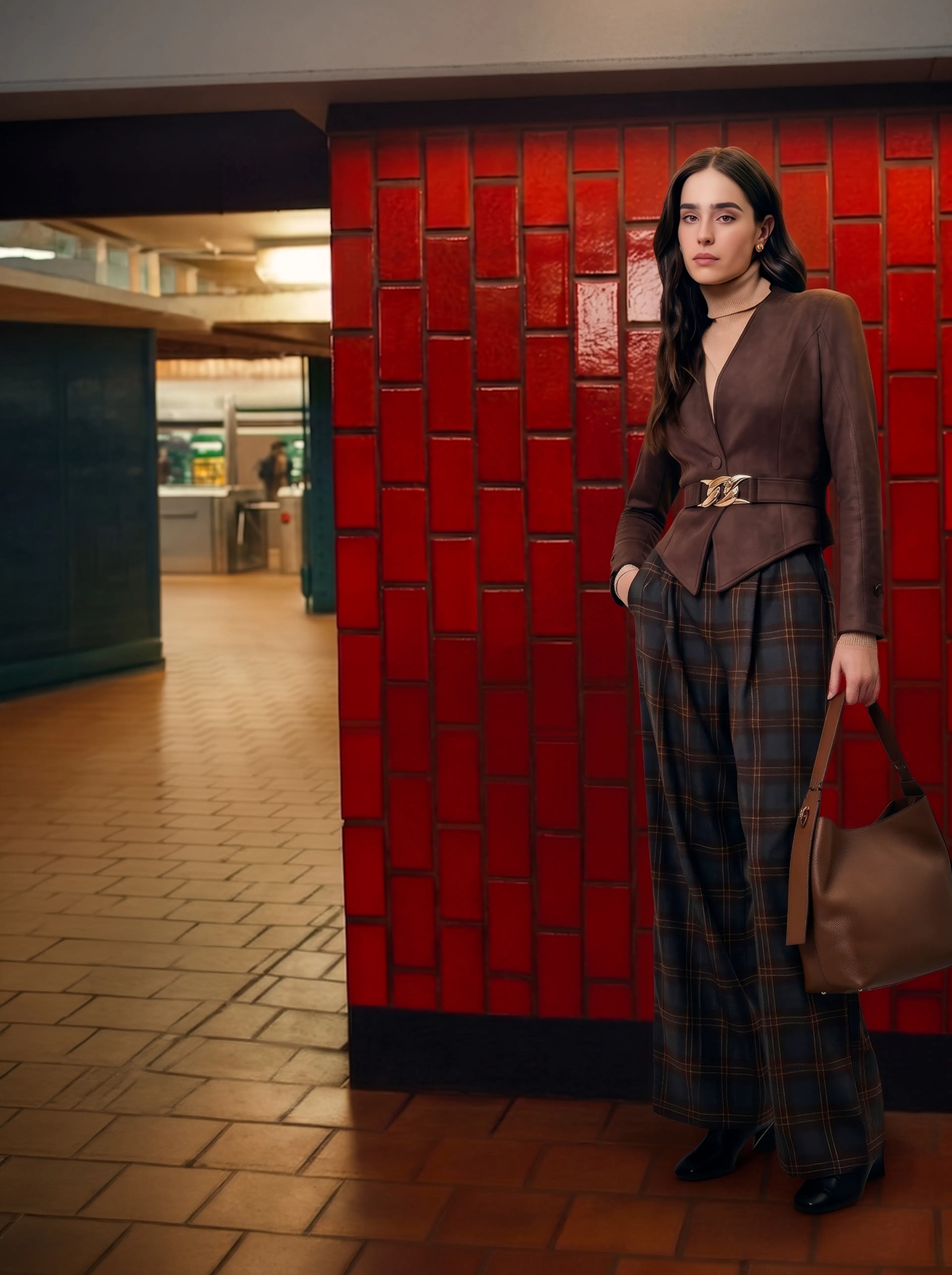 Fashionable woman in a brown blazer and plaid trousers stands beside a red tiled wall in a subway corridor, conveying quiet confidence.