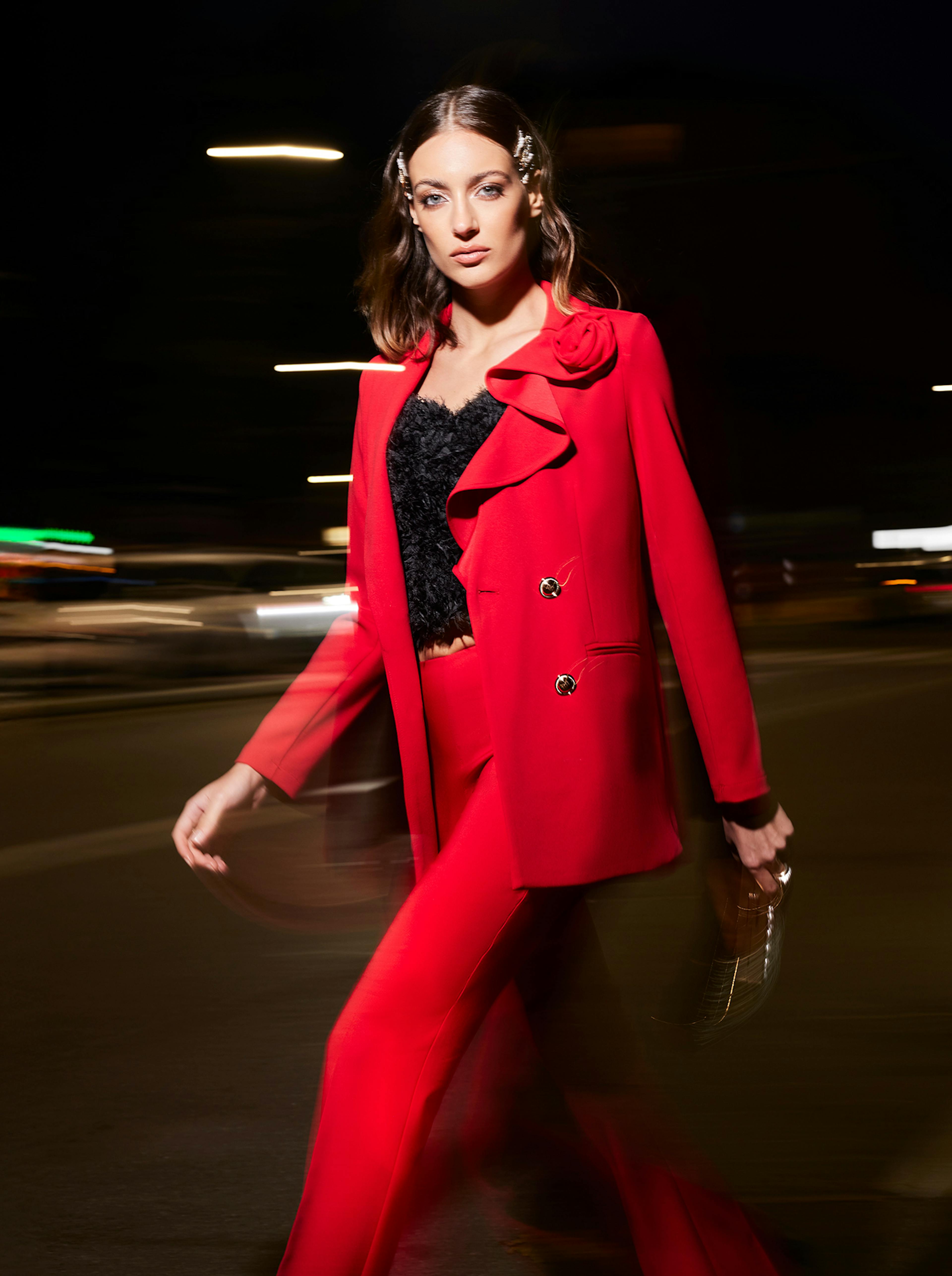 Model with red suit